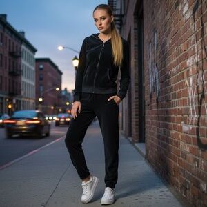 Y2K Vintage Juicy Couture black velour tracksuit. Zip hoodie-tie waist Large.